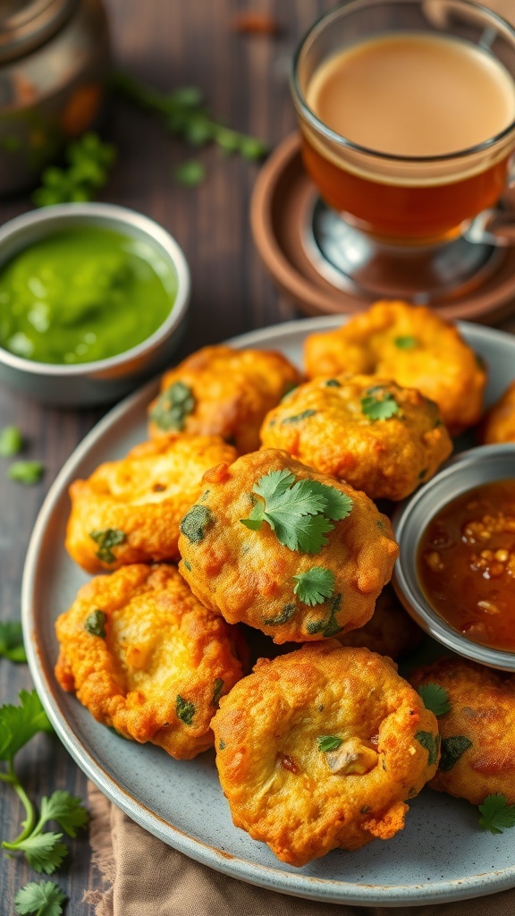 A plate of crispy vegetable pakoras with mint chutney and tamarind sauce on a rustic table.